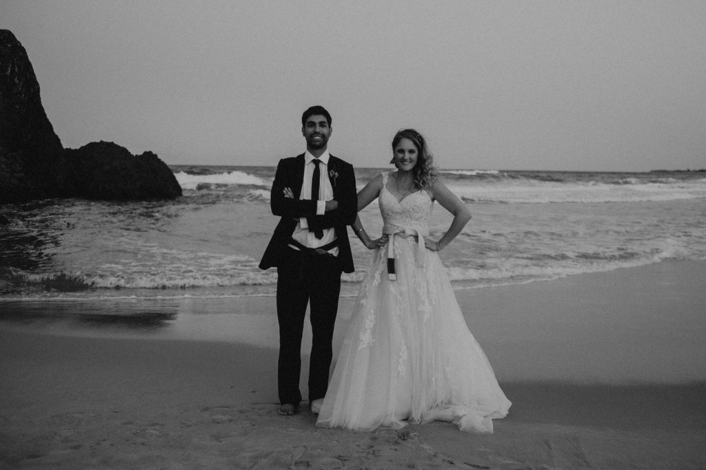 bride and groom martial arts white belt beach